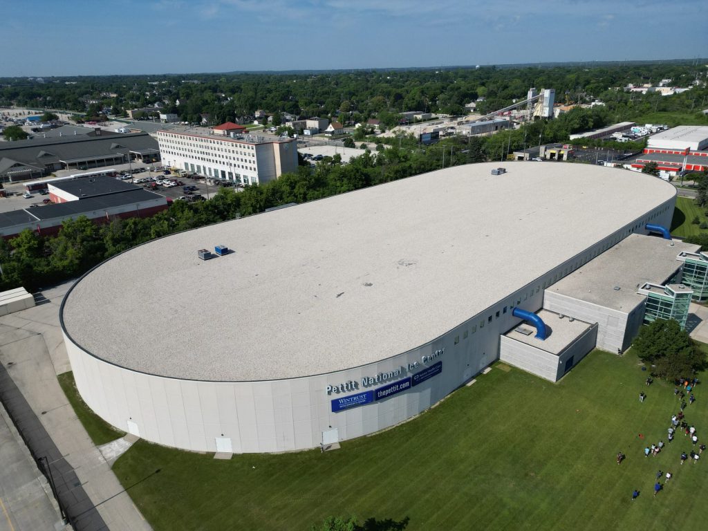 Construction on the Pettit National Ice Center’s solar panel roof began in late November 2025. Photo courtesy of Pettit National Ice Center