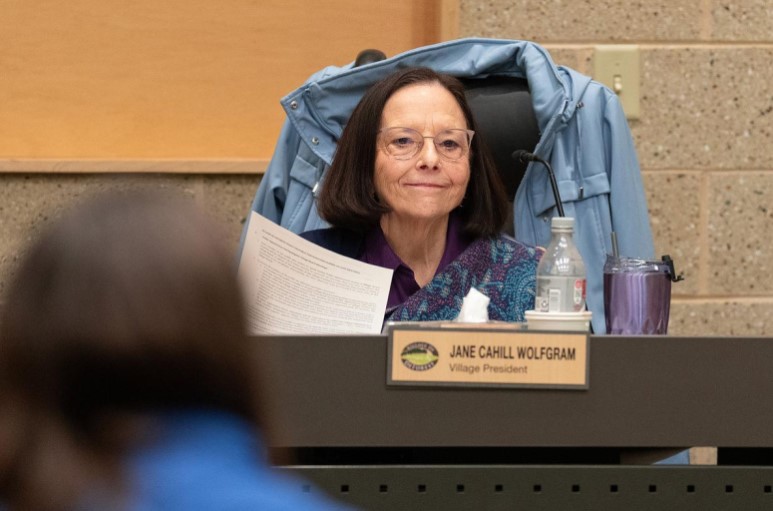 Members of the public attend a village board meeting at DeForest Village Hall in DeForest, Wis., on Jan. 20, 2026. (Kayla Wolf for Wisconsin Watch)