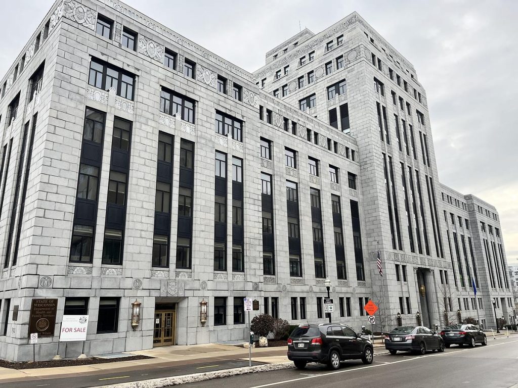 The historic Art Deco state government office building at 1 W. Wilson Street in Madison, Wis., seen Jan. 6, 2026, was the home of state employees for nearly 100 years. It most recently served as the offices of the Wisconsin Department of Health Services. (Brittany Carloni / Wisconsin Watch)