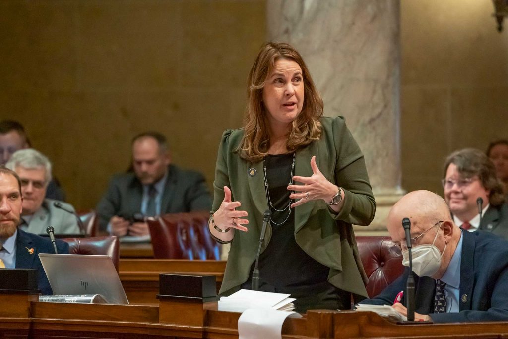 Sen. Dianne Hesselbein (D-Middleton) speaking on the Senate floor. Hesselbein was named Senate minority leader in December of 2023 and was reelected to that position in November of 2024. Photo courtesy of Sen. Dianne Hesselbein’s office