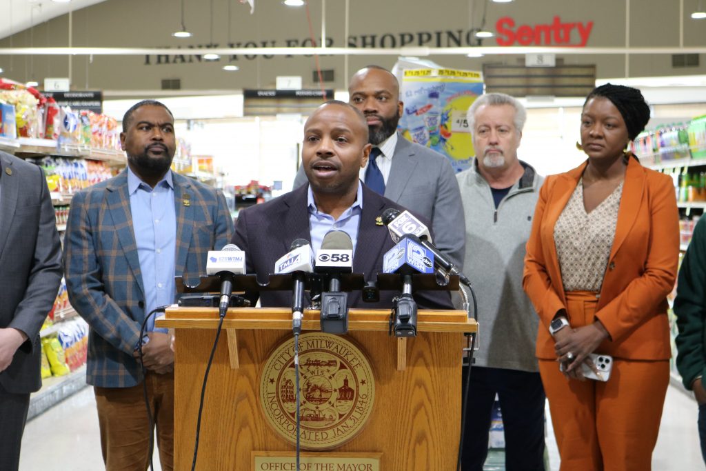 Mayor Cavalier Johnson speaks during a press conference on food accessibility in Milwaukee. Photo taken Feb. 9, 2026 by Sophie Bolich.