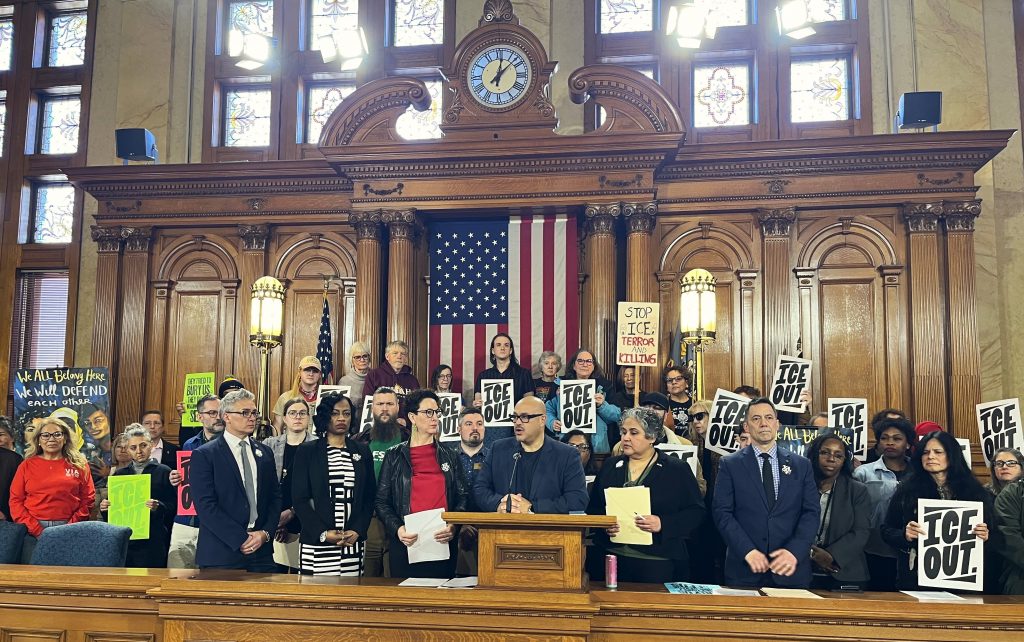 Milwaukee Common Council members and advocates gathered at City Hall for the unveiling of the ICE Out legislative package. Photo taken Feb. 11, 2026 by Sophie Bolich. 