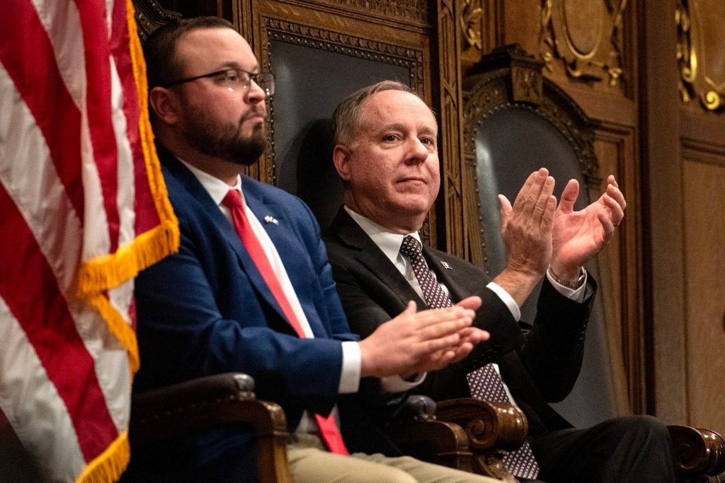 Wisconsin Assembly Speaker Robin Vos, right, awaits Gov. Tony Evers’ State of the State address Wednesday, Jan. 22, 2025, at the Wisconsin State Capitol in Madison, Wis. Angela Major/WPR