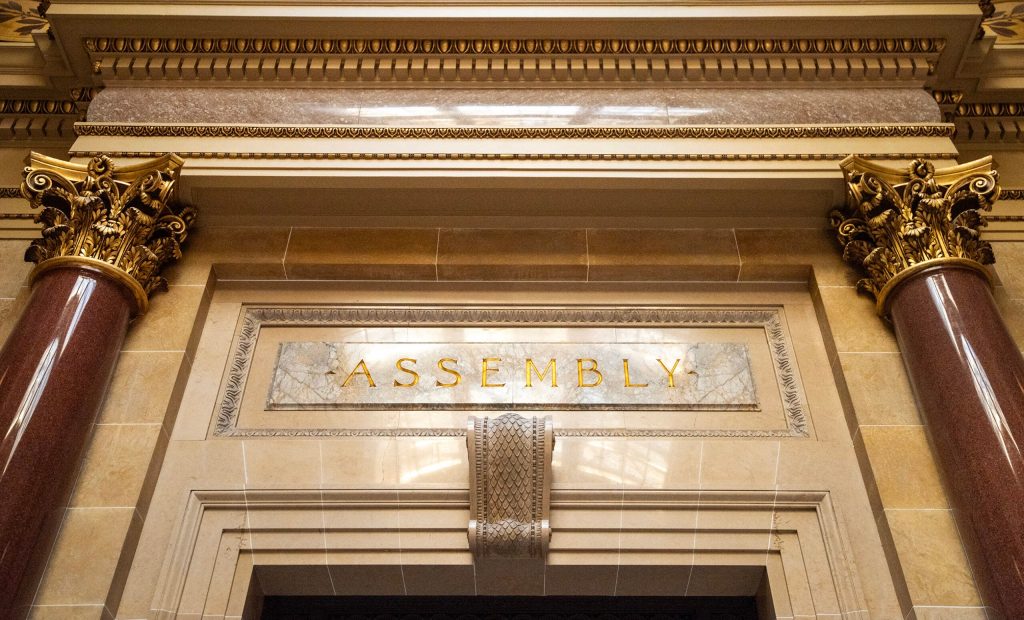 The door to the Wisconsin State Assembly on Monday, July 14, 2025, at the Wisconsin State Capitol in Madison, Wis. Angela Major/WPR
