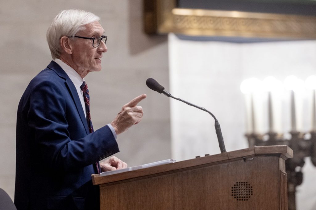 Gov. Tony Evers delivers the State of the State address Tuesday Feb. 17, 2026, at the Wisconsin State Capitol in Madison, Wis. Angela Major/WPR