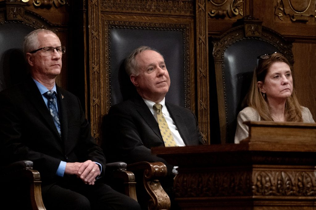 From left, Speaker Pro Tem Kevin Petersen, Assembly Speaker Robin Vos, and Senate President Mary Felzkowski listen to Gov. Tony Evers as he delivers the State of the State on Tuesday Feb. 17, 2026, at the Wisconsin State Capitol in Madison, Wis. Angela Major/WPR