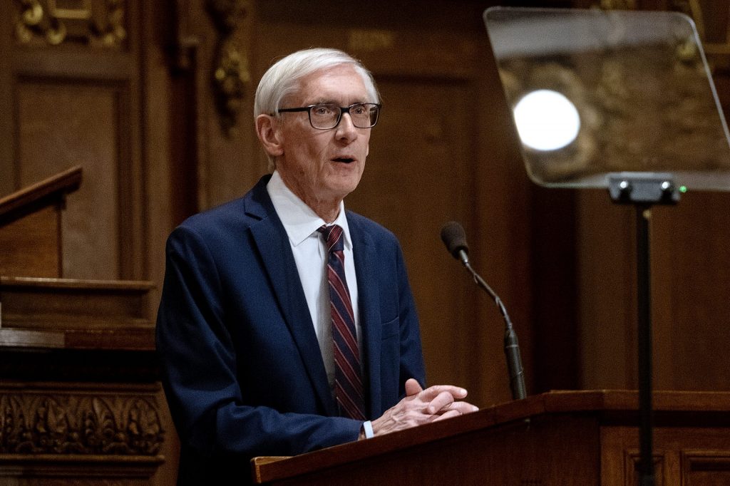 Gov. Tony Evers delivers the State of the State address Tuesday Feb. 17, 2026, at the Wisconsin State Capitol in Madison, Wis. Angela Major/WPR