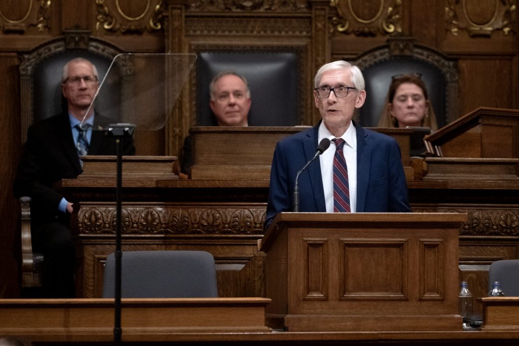 Gov. Tony Evers delivers the State of the State address Tuesday Feb. 17, 2026, at the Wisconsin State Capitol in Madison, Wis. Angela Major/WPR