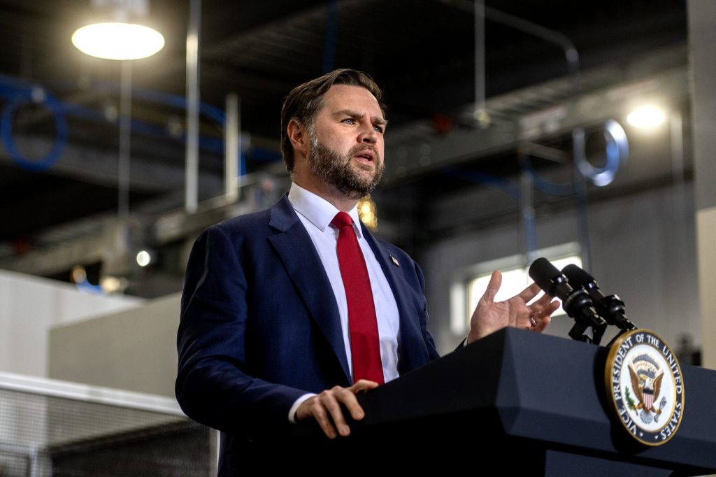 Vice President JD Vance speaks Thursday Feb. 26, 2026, at Pointe Precision in Plover, Wis. Angela Major/WPR