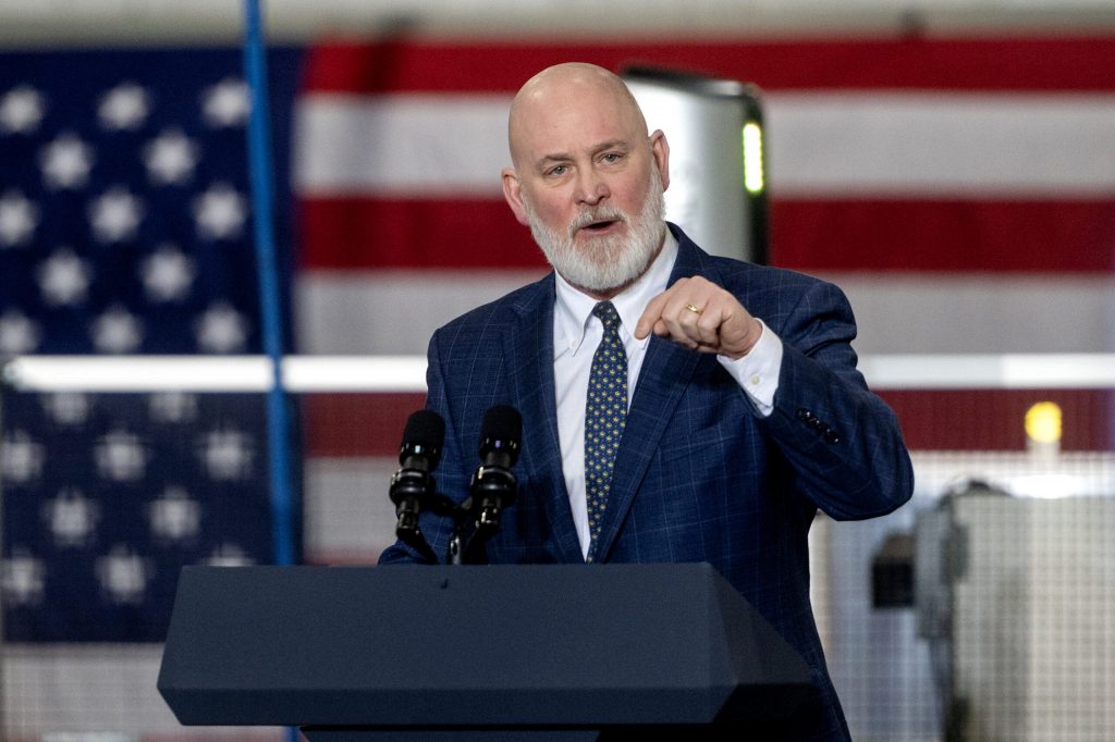 U.S. Rep. Derrick Van Orden speaks before Vice President JD Vance’s remarks Thursday Feb. 26, 2026, at Pointe Precision in Plover, Wis. Angela Major/WPR