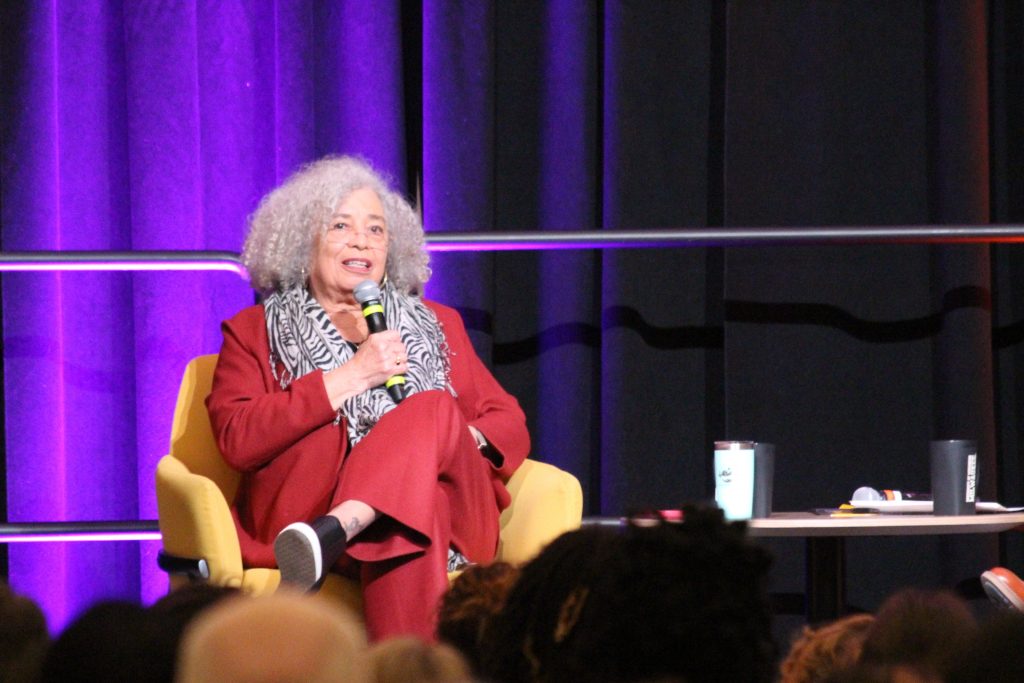 Angela Davis speaks at the University of Wisconsin-Milwaukee. Photo taken Feb. 17, 2026 by Sophie Bolich.