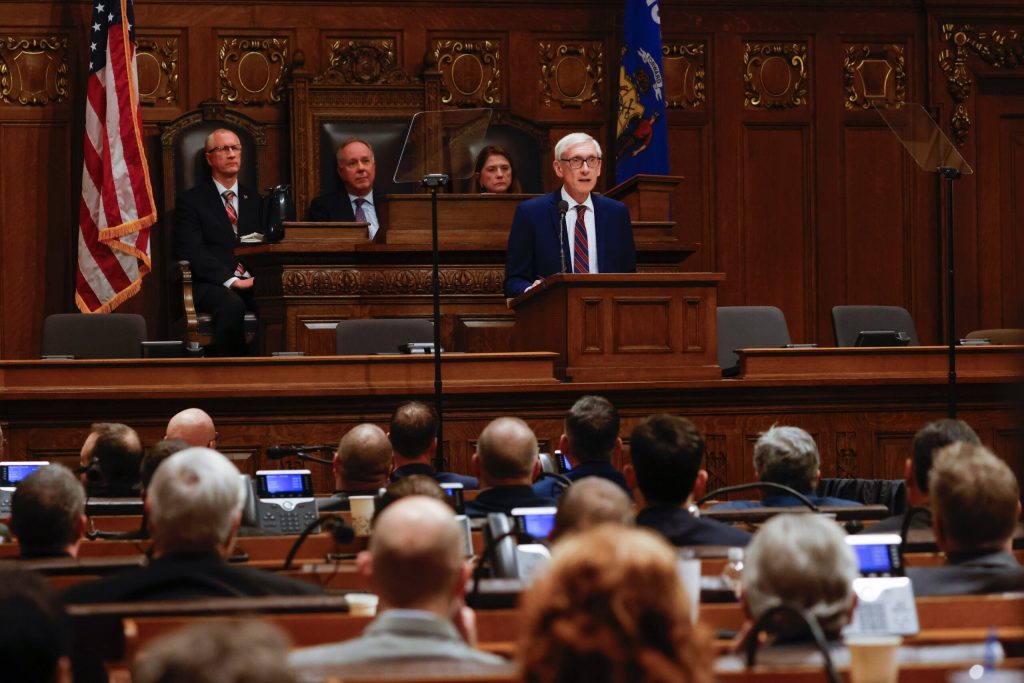 Wisconsin Gov. Tony Evers gives the 2025 budget address at the Wisconsin state Capitol building in Madison. Ruthie Hauge/The Capital Times