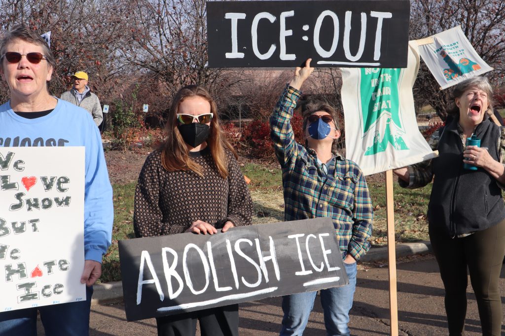 Protesters march outside of a new ICE facility being constructed in Milwaukee. (Photo by Isiah Holmes/Wisconsin Examiner)