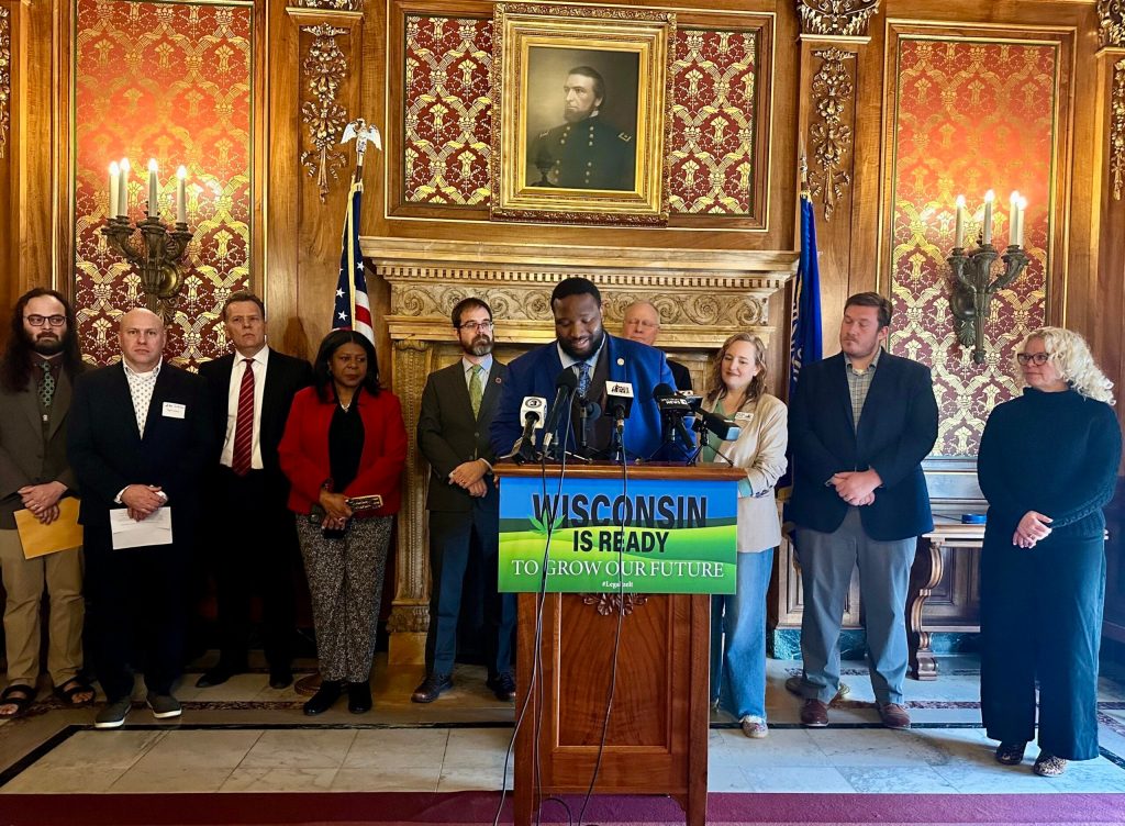 Rep. Darrin Madison, D-Milwaukee, introduces a bill to legalize marijuana at a press conference at the Wisconsin State Capitol in Madison, Wis., on Feb. 2, 2026. Anya van Wagtendonk/WPR
