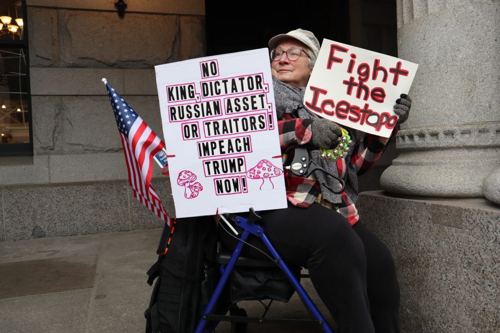 Protesters gather outside the Federal Building in Milwaukee to denounce the arrest of Circuit Court Judge Hannah Dugan. (Photo by Isiah Holmes/Wisconsin Examiner)