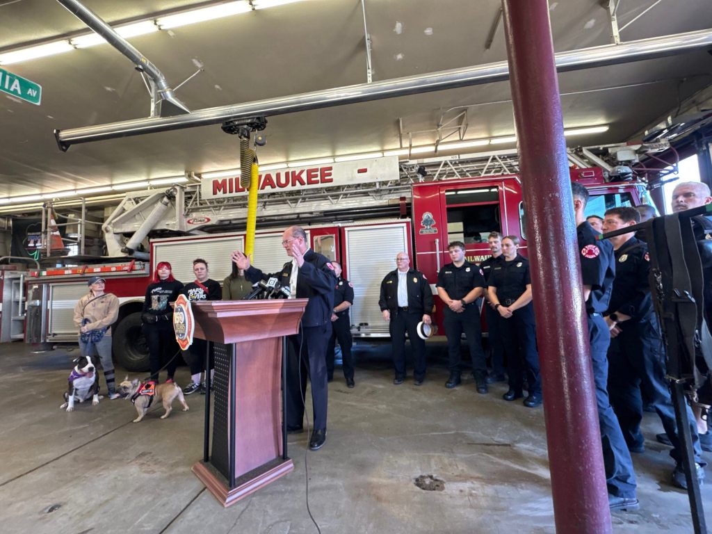 Milwaukee Fire Chief Aaron Lipski speaks at a press conference on Wednesday, Feb. 18, 2026. Evan Casey/WPR