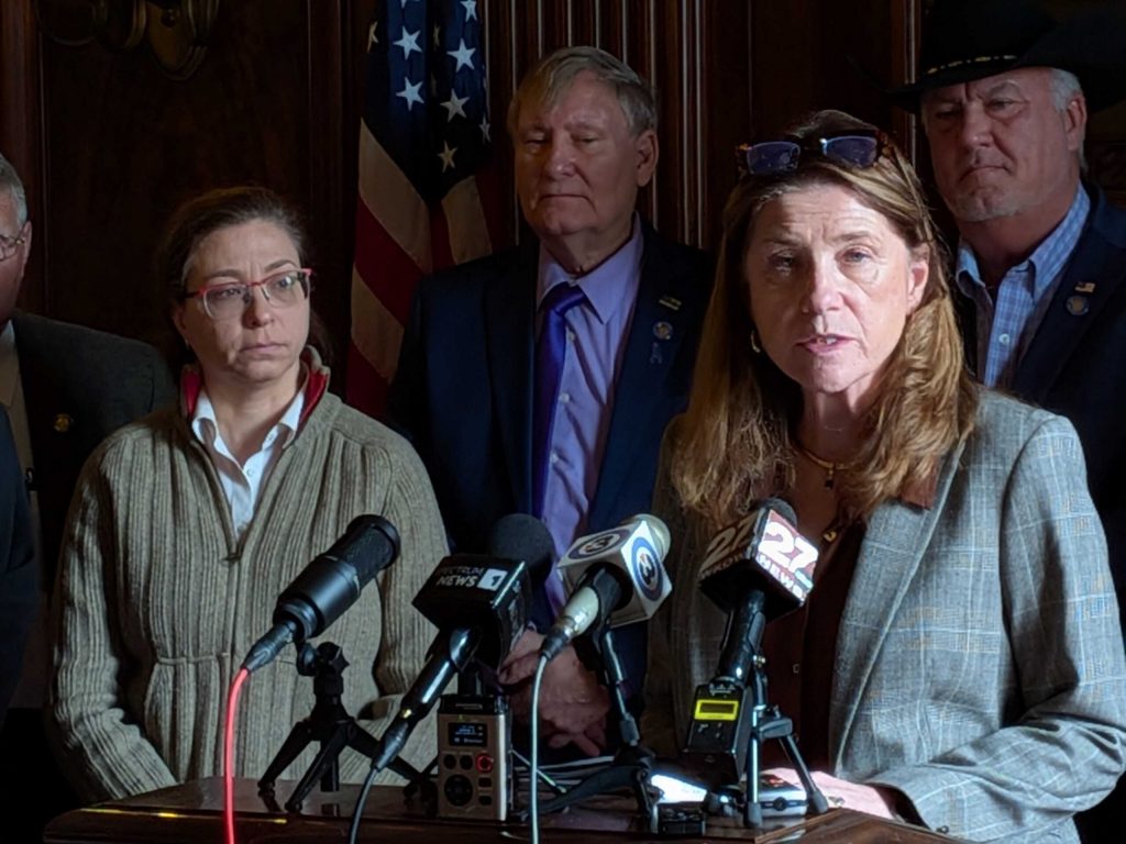 Senate President Mary Felzkowski, R-Tomahawk, speaks to reporters at the state Capitol in Madison, Wis. on Jan. 21, 2026. Shawn Johnson/WPR