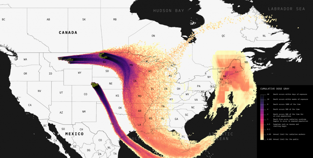 A simulation of the fallout from an attack on U.S. nuclear missile silos given the weather conditions on a specific day in 2021. Map by Sébastien Philippe, Ivan Stepanov and Svitlana Lavrenciuc