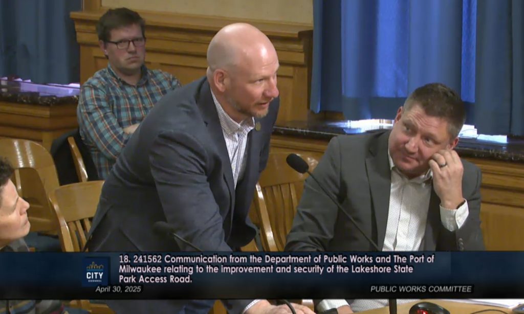 Jeramey Jannene is the only reporter in the room at a April 30, 2025 Public Works Committee meeting. Image from City of Milwaukee City Channel, City Clerk's Office.