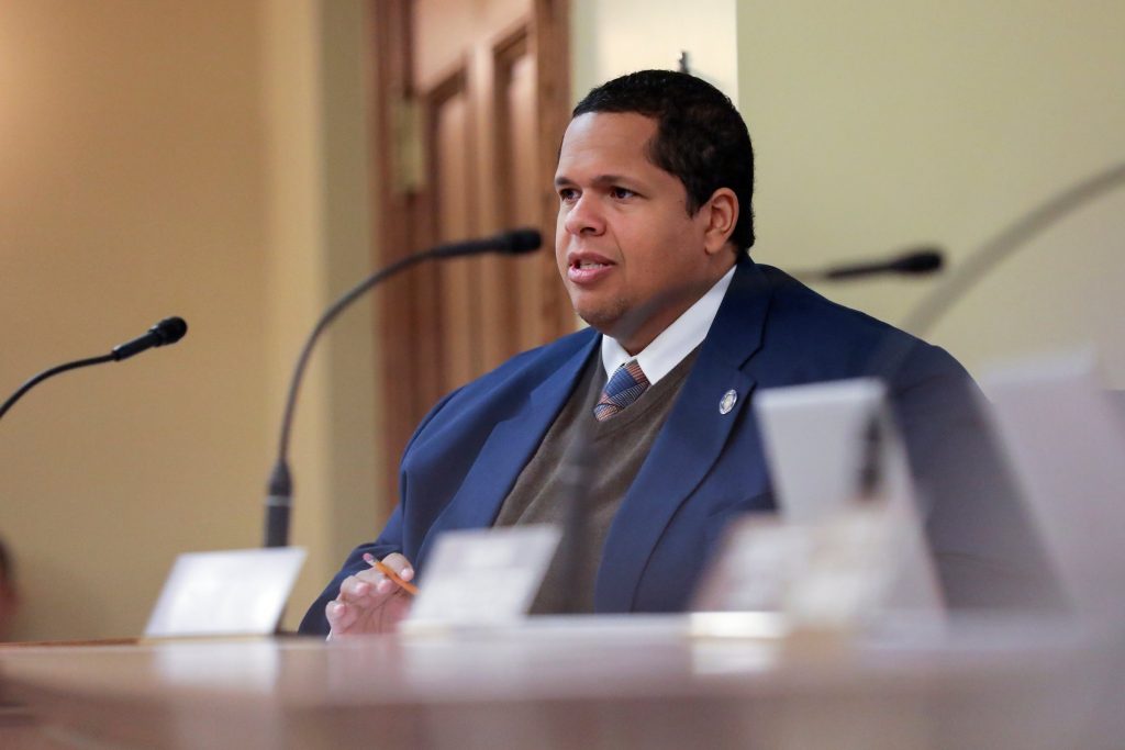 Sen. Julian Bradley, R-Franklin, is seen during a meeting of the Committee of Judiciary and Public Safety at the Wisconsin State Capitol in Madison, Wis., on Oct. 14, 2021. Coburn Dukehart/Wisconsin Watch
