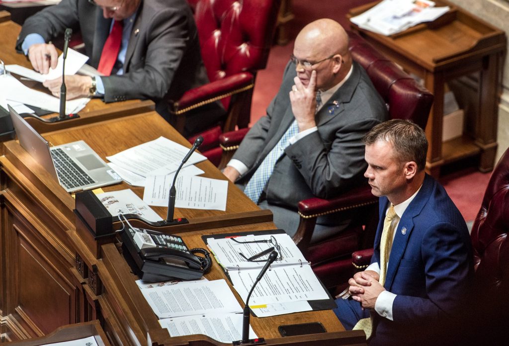 Senate Majority Leader Devin LeMahieu, right, listens during floor debate Wednesday, June 9, 2021, at the Wisconsin State Capitol in Madison, Wis. Angela Major/WPR