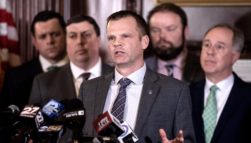 Senator Devin LeMahieu speaks to reporters after an address by Gov. Tony Evers on Wednesday, Feb. 15, 2023, at the Wisconsin State Capitol in Madison, Wis. Angela Major/WPR