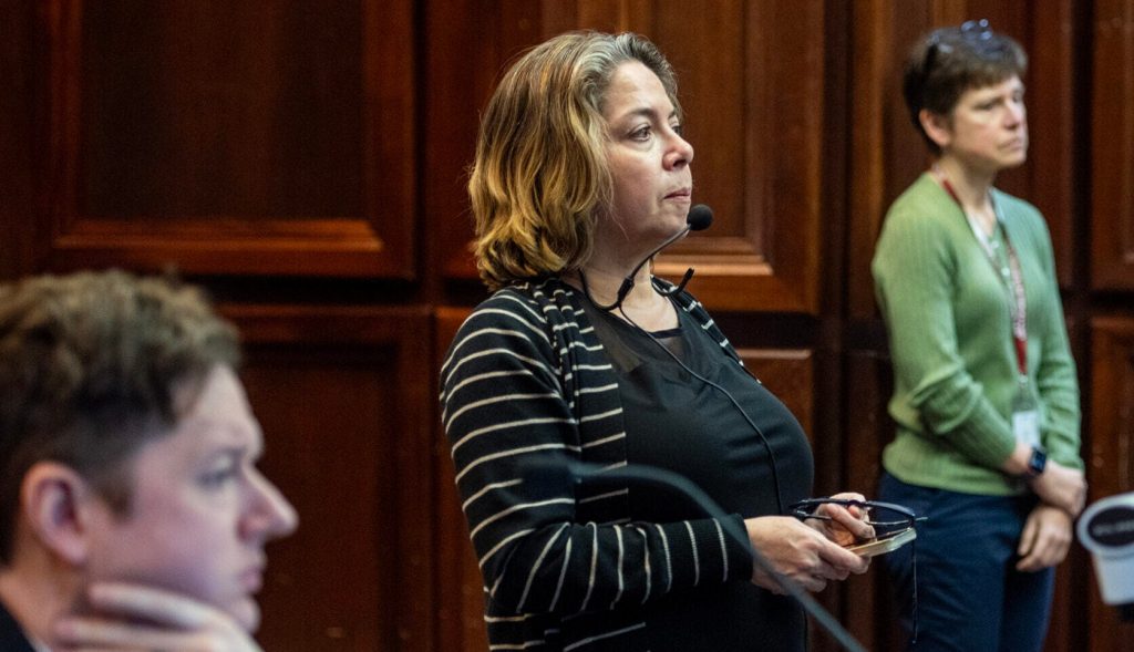 Reme Bashi, left, and Floralba Vivas, right, interpret from Spanish to English and English to Spanish during a sentencing hearing on Friday, March 21, 2025, in Milwaukee, Wis. Angela Major/WPR