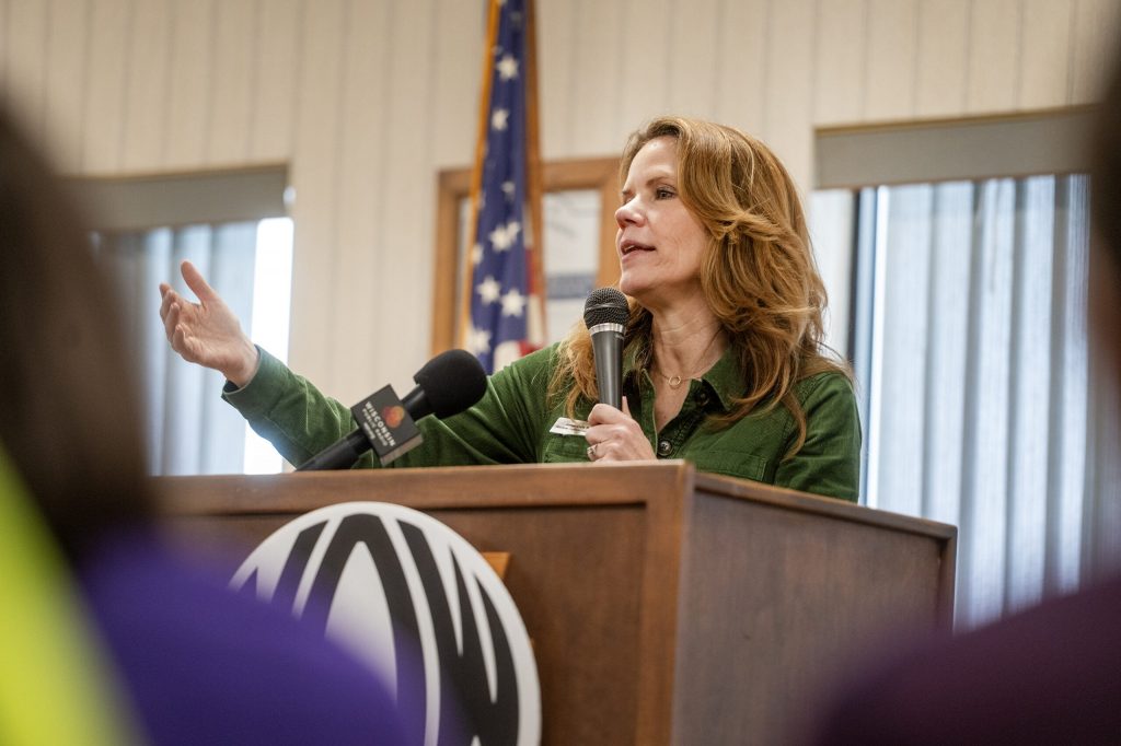 Wisconsin Supreme Court Candidate Chris Taylor speaks to attendees at a campaign event Saturday, March 7, 2026, at a union hall in Neenah, Wis. Angela Major/WPR