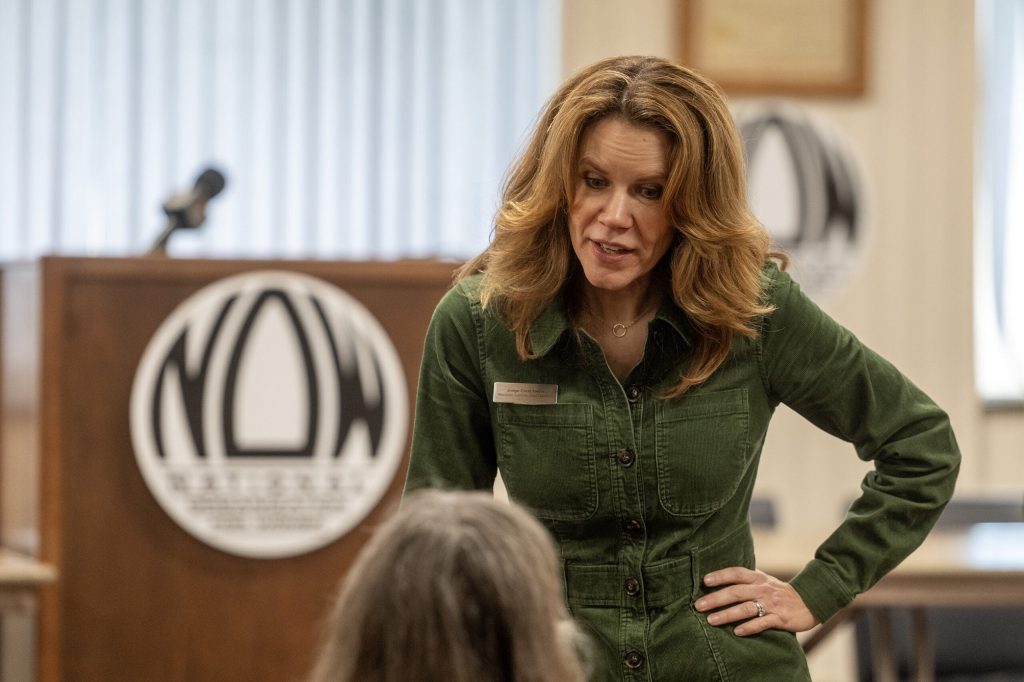 Wisconsin Supreme Court Candidate Chris Taylor greets attendees at one of her campaign events Saturday, March 7, 2026, at a union hall in Neenah, Wis. Angela Major/WPR