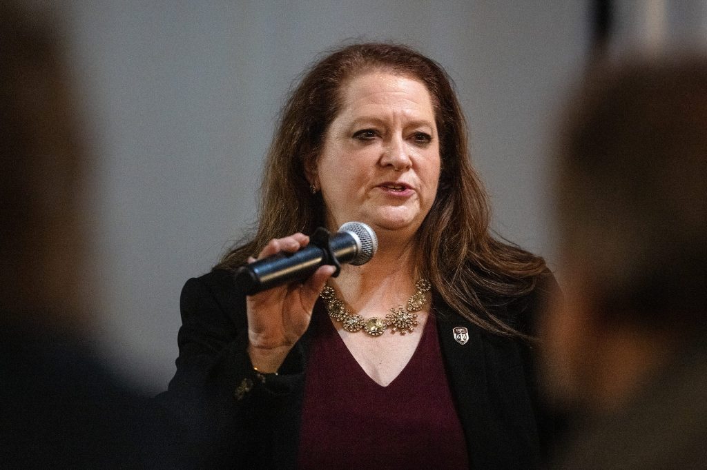 Wisconsin Supreme Court Candidate Maria Lazar addresses attendees at a campaign event Tuesday, March 10, 2026, in Germantown, Wis. Angela Major/WPR