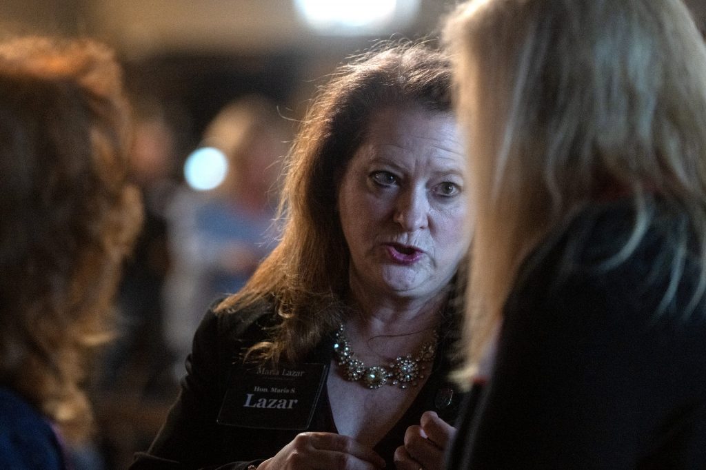 Wisconsin Supreme Court Candidate Maria Lazar speaks to attendees at a campaign event Tuesday, March 10, 2026, in Germantown, Wis. Angela Major/WPR