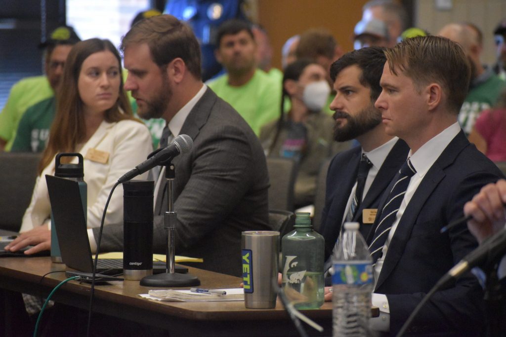 Attorneys for Midwest Environmental Advocates and Clean Wisconsin lay out their challenges to key permits for Enbridge’s Line 5 relocation project at a contested case hearing in Ashland on Aug. 12, 2025. Danielle Kaeding/WPR