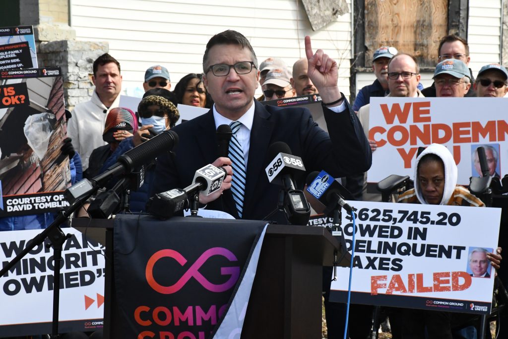 Evan Goyke speaks at Highgrove Holdings press conference. Photo by Jeramey Jannene.