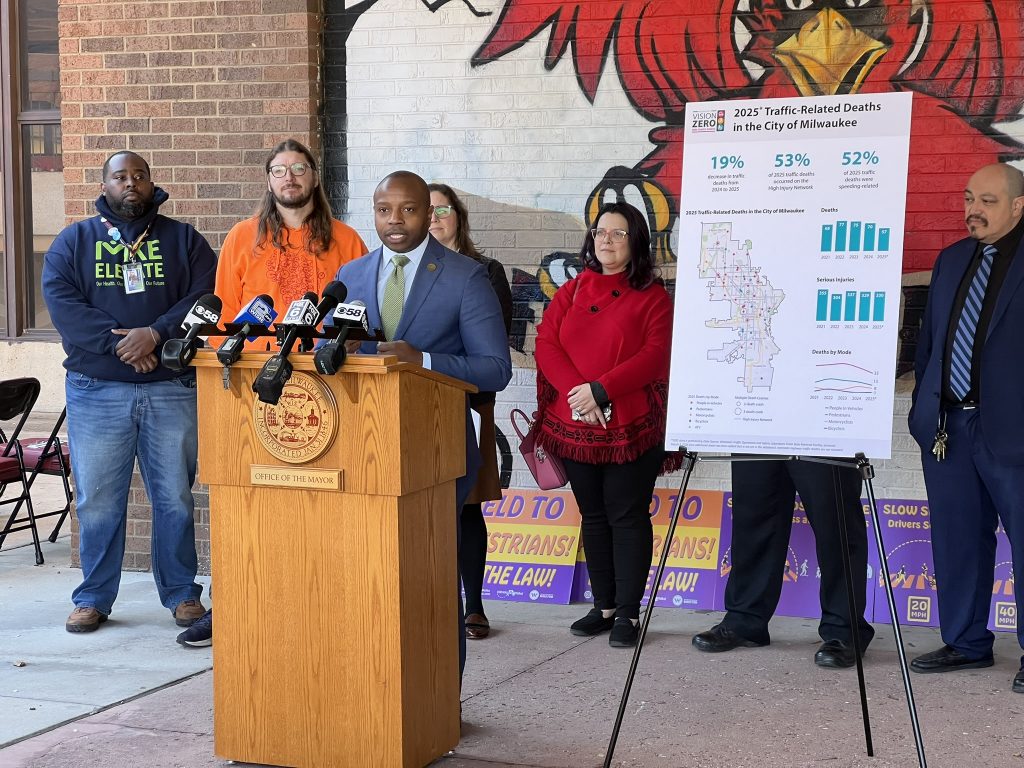 Mayor Cavalier speaks at 2026 Vision Zero press conference. Photo by Jeramey Jannene.