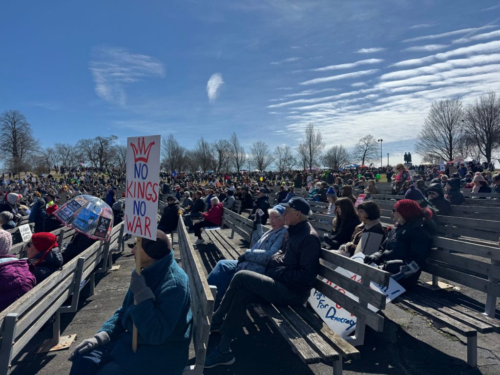 Over 1,000 people gathered at a No Kings rally at Washington Park in Milwaukee on Saturday, March 28, 2026. Evan Casey/WPR