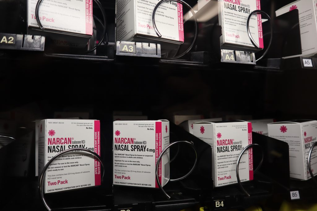 Nasal Narcan, used to reverse an overdose, inside one of Milwaukee County harm reduction vending machine. (Photo by Isiah Holmes/Wisconsin Examiner)