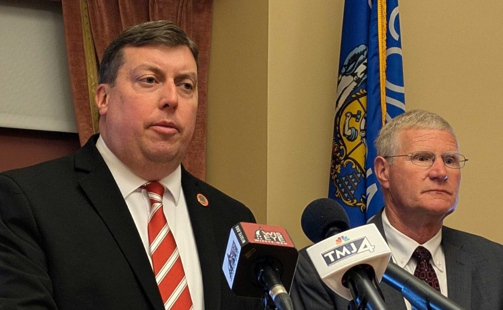 Rep. Mark Born, R-Beaver Dam, left, and Sen. Howard Marklein, R-Spring Green, address reporters ahead of a meeting of the Legislature’s Joint Finance Committee at the Wisconsin Capitol on June 17, 2025. Born and Marklein co-chair the panel. Shawn Johnson/WPR
