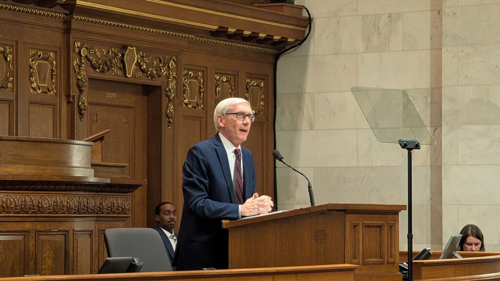 Gov. Tony Evers vetoed a slate of GOP bills Friday. Evers speaks during final State of the State address in February 2026. (Photo by Baylor Spears/Wisconsin Examiner)