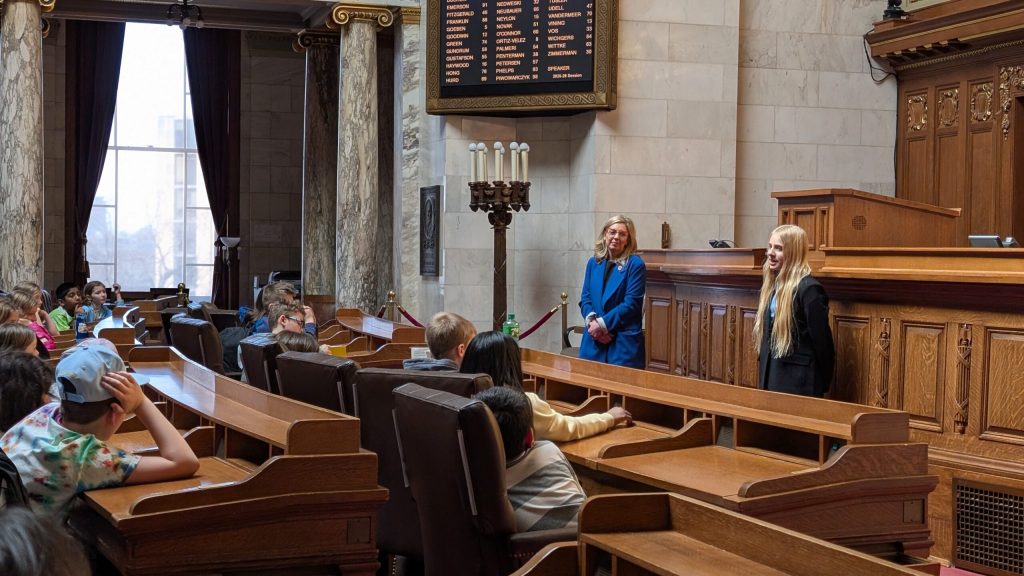 In the afternoon, Vining gave Wurzburger the opportunity to speak to a couple of fourth grade classes who had come to tour the Capitol. (Photo by Baylor Spears/Wisconsin Examiner)