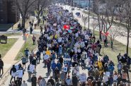 Thousands of people marched in Madison at one of dozens of No Kings protests around Wisconsin on Saturday, Feb. 28, 2026. The  gatherings were part of a national effort to voice opposition to the Trump administration’s policies.  Angela Major/WPR