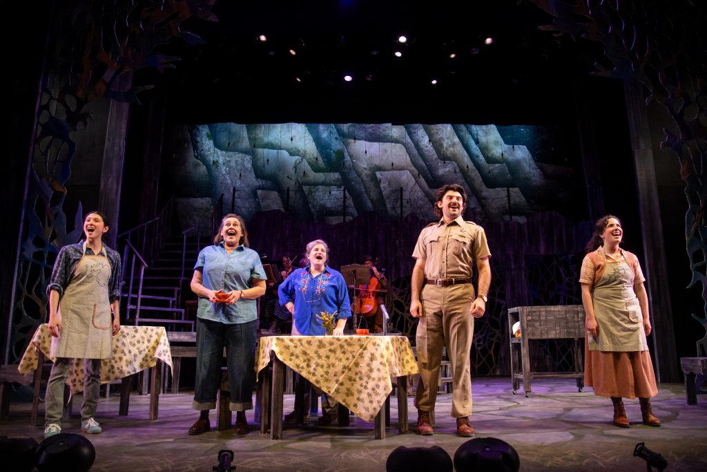 (left to right) Micah Friedman as Percy Talbott, Rhonda Rae Busch as Effy Krayneck, Suzanne Graff as Hannah Ferguson, Frankie Breit as Sheriff Joe Sutter, and Rachael Zientek as Shelby Thorpe in Skylight Music Theatre’s production of The Spitfire Grill, running February 27 through March 15, 2026. Photo by Mark Frohna.
