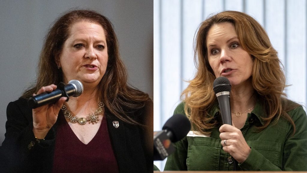 Wisconsin Supreme Court candidates Maria Lazar, left, and Chris Taylor, right. They’re competing for an open seat on the court in the April 2026 election. Angela Major/WPR