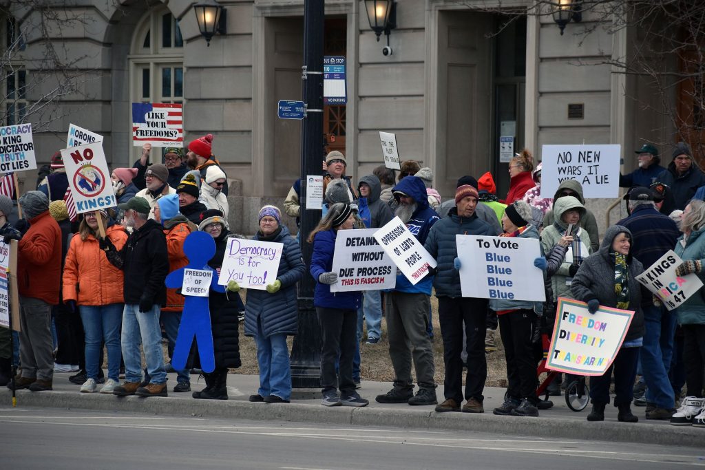 Hundreds attend the No Kings rally in front of the Douglas County Courthouse in Superior on March 28, 2026. Danielle Kaeding/WPR