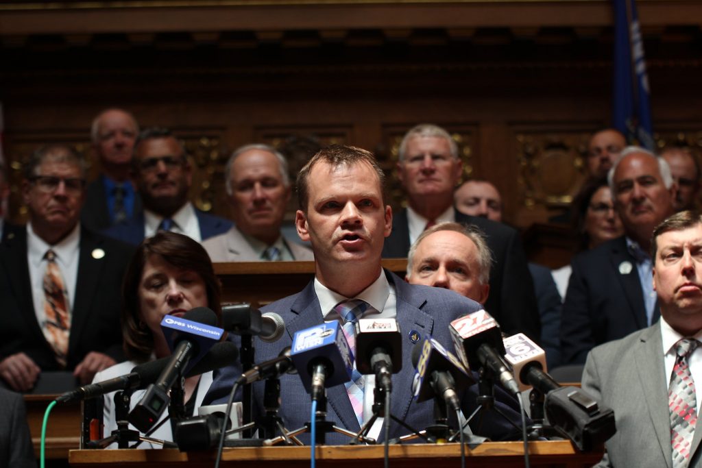 Wisconsin Senate Majority Leader Devin LeMahieu, R-Oostburg, speaks during a Republican press conference on June 8, 2023, in the Wisconsin State Capitol building to announce a tentative agreement between legislative Republicans and Gov. Tony Evers on a shared revenue bill. Drake White-Bergey/Wisconsin Watch