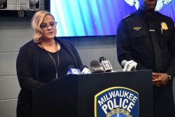 Karin Tyler speaks at a April 2026 crime stats press conference. Photo by Jeramey Jannene.