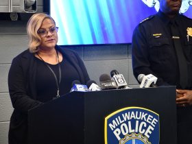 Karin Tyler speaks at a April 2026 crime stats press conference. Photo by Jeramey Jannene.