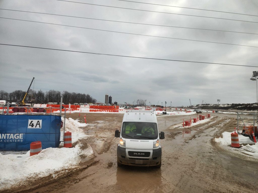 A van leaves the data center construction site in Port Washington in mid-March. Joe Schulz/WPR