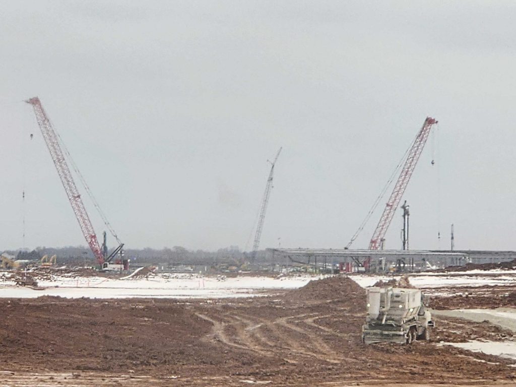 Cranes are seen inside the Port Washington data center construction site in mid-March. Joe Schulz/WPR