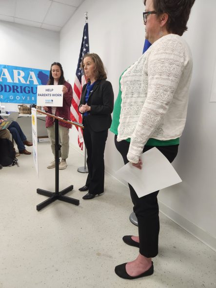 Lt. Gov. Sara Rodriguez, one of seven Democrats seeking the party’s nomination to run for governor, outlined her proposals to support child care providers and the families who need child care at a news conference Tuesday. In the foreground is Heather Murray, a child care provider, who praised Rodriguez’s proposal. (Photo by Erik Gunn/Wisconsin Examiner)