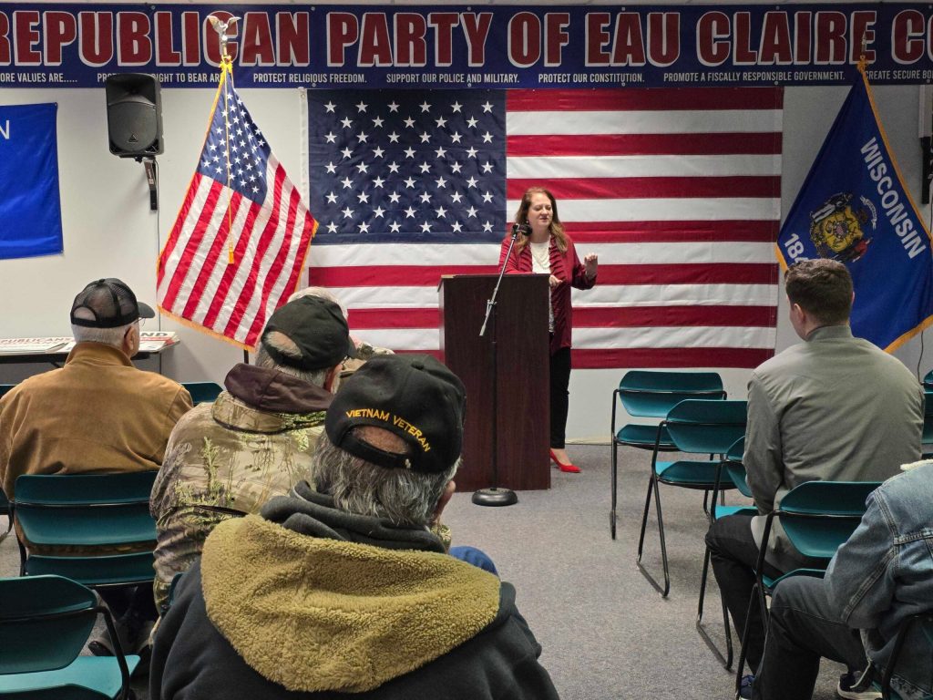 Conservative Wisconsin Appeals Judge Maria Lazar speaks to supporters at the Eau Claire County Republican Party headquarters during her final campaign tour ahead of the April 7, 2026 Supreme Court election. Rich Kremer/WPR
